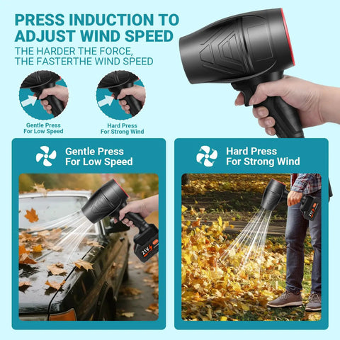 Dual 21V Cordless Leaf Blower adjusting wind speed with gentle and hard press options for lawn care and patio cleanup.