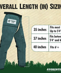 Apron Style Chainsaw Chaps for Men and Women with Pocket and Adjustable Waist Forest Green 37 Inch Pro Grade Chainsaw Safety Gear displayed with size chart