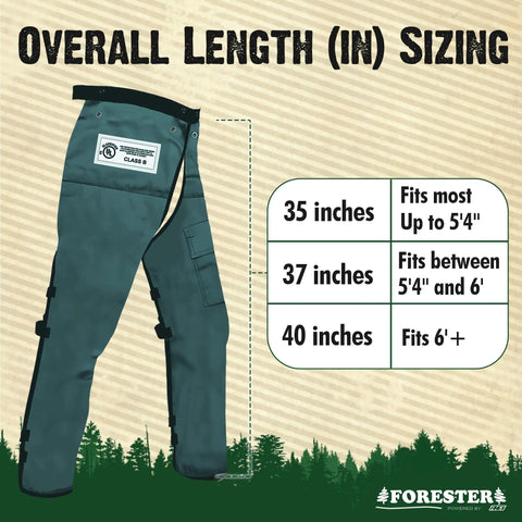 Apron Style Chainsaw Chaps for Men and Women with Pocket and Adjustable Waist Forest Green 37 Inch Pro Grade Chainsaw Safety Gear displayed with size chart