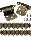 1/2 Inch Overlay Cabinet Door Hinges Featuring Durable Antique Brass Coating, includes screws for installation.