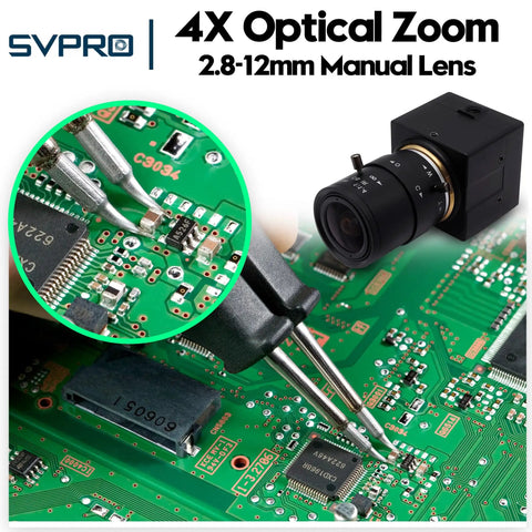 5MP USB Camera With 2.8 To 12mm Zoom Lens For Machine Monitoring And Close Up Work IMX335 Low Light Sensor next to circuit board