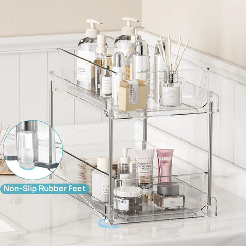 Pull Out Under Sink Organizer Set Of Four Slick Sliding Drawers Multi Purpose Cabinet Storage Tray For Bathroom Vanity Kitchen Pantry Countertop Cosmetic Holder Total Lifesaver displaying clear trays with non-slip feet.