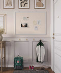40 By 30 Inch Bulletin Board With White Wood Frame installed in a hallway, displaying notes and photos, showing practical home use.