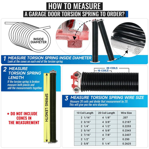 Diagram illustrating how to measure a garage door torsion spring for a Pair Of 2 Inch Garage Door Torsion Springs Kit With Non Slip Winding Bars And Gloves For Replacement Oil Free Black Coated High Precision 16,000 Cycles Includes Winding Bars Gloves And Installation Instructions 0 218 X 2 X 22 Inches