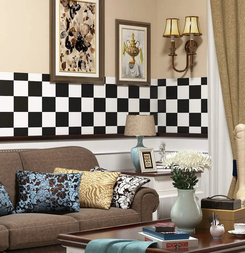 Living room with Self Adhesive Checkered Black And White Vinyl Floor Covering Roll 15.8 By 394 Inch on wall