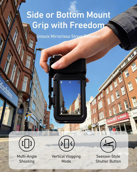 Side view of Street Grip Kit For DJI Action 6 With Metal Cage Camera Grip Holder Seesaw Shutter capturing city street.