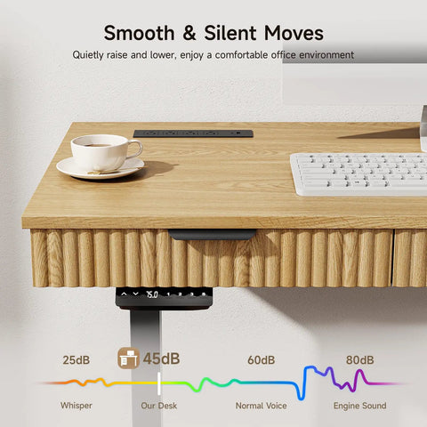 Smooth Operator Electric Standing Desk With Slim File Cabinet 63 Inch showing oak top, quiet motor control with coffee cup.
