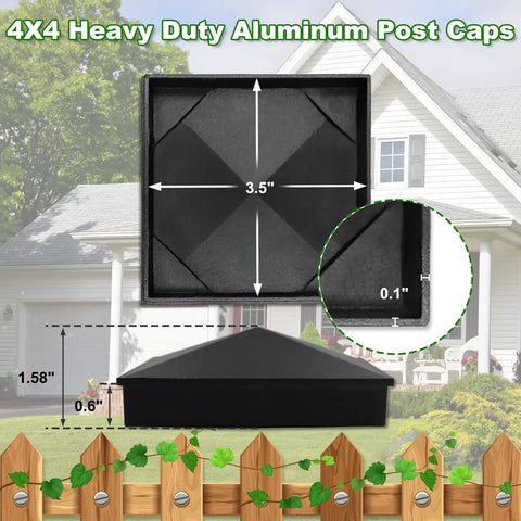 Rock Solid 4x4 Aluminum Post Caps Matte Black Pyramid Fence Covers 3.5 inch top view and measurements for secure fit.