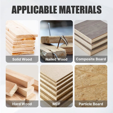Applicable materials for Premium High Carbon Steel Forstner Drill Bit Set For Woodworking, including solid wood, nailed wood, and MDF.