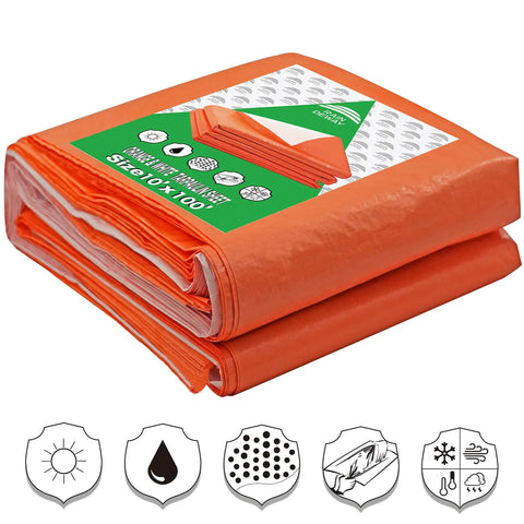 Heavy Duty Waterproof Poly Tarp Eight Mil Thick 10x100 Feet With UV Proof Shield, folded orange tarp with icons