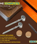 Low Profile Handrail Connector Micro Railbolt, No Sweat Quick Install For Staircase Fittings And Newel Posts, showing two steel railbolts and oak wood plugs.