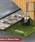 Two Pack Spring Loaded Gate Casters, 4 Inch Adjustable Wheel With Brake, shown on cement, brick, and grass surfaces
