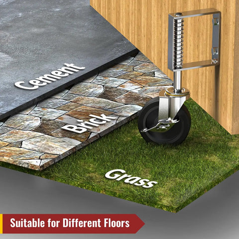 Two Pack Spring Loaded Gate Casters, 4 Inch Adjustable Wheel With Brake, shown on cement, brick, and grass surfaces