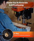 User operating 10 Inch Benchtop Drill Press With 6.2A Induction Motor Multi Speed Tabletop Drill Press on wood project, X-ray feature shown