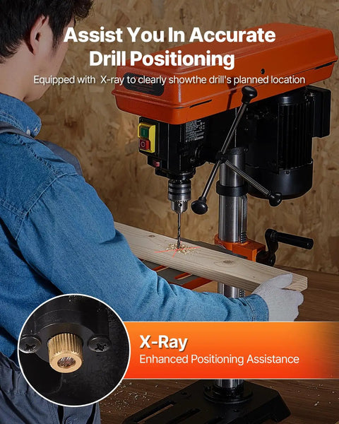 User operating 10 Inch Benchtop Drill Press With 6.2A Induction Motor Multi Speed Tabletop Drill Press on wood project, X-ray feature shown