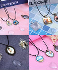 Pendant Tray Jewelry Making Kit With Glass Cabochons 90 Pcs Set Including 30 Bezel Pendants 30 Cabochons And 30 Necklace Cords For DIY Necklaces And Crafting, showcasing various necklace designs with pendant trays and cabochons on a colorful background.