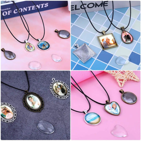 Pendant Tray Jewelry Making Kit With Glass Cabochons 90 Pcs Set Including 30 Bezel Pendants 30 Cabochons And 30 Necklace Cords For DIY Necklaces And Crafting, showcasing various necklace designs with pendant trays and cabochons on a colorful background.