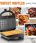 Aigostar 3 In 1 Electric Sandwich Maker With Removable Nonstick Plates Panini Press Grill And Waffle Iron 750W showing cooked waffles and images of perfect waffles.