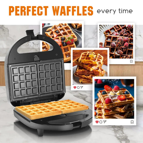 Aigostar 3 In 1 Electric Sandwich Maker With Removable Nonstick Plates Panini Press Grill And Waffle Iron 750W showing cooked waffles and images of perfect waffles.