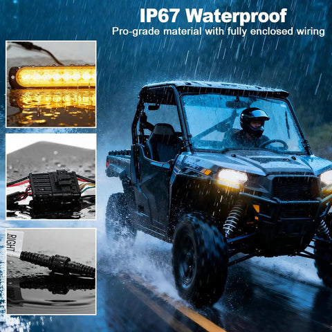 UTV with All In One UTV Turn Signal Kit With DRL And Red Running Lights, Plug And Play Prewired Blinker System in rain