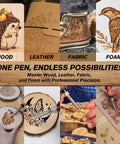 All In One Wood Burning Kit With Adjustable Temperature Pen 81 Piece Pyrography Set For Wood Leather Foam And Fabric Includes 14 Tips And Case Ideal Gift For Adults And Teens Beginner Friendly image showing finished designs on wood, leather, fabric, and foam.