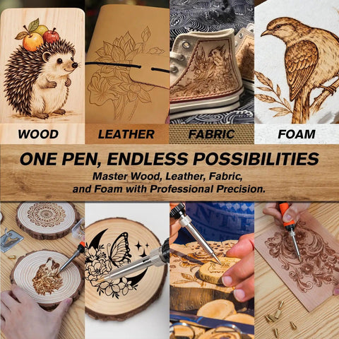 All In One Wood Burning Kit With Adjustable Temperature Pen 81 Piece Pyrography Set For Wood Leather Foam And Fabric Includes 14 Tips And Case Ideal Gift For Adults And Teens Beginner Friendly image showing finished designs on wood, leather, fabric, and foam.