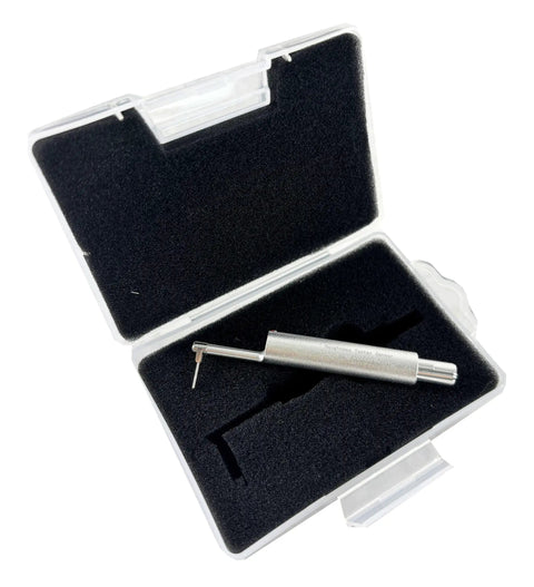 Top Shelf Surface Roughness Tester With Slim Needle for Tricky Grooves and Curved Surfaces, portable metal probe in case.