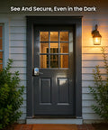 Top Notch Zinc Alloy Keypad Door Lock With Satin Nickel Finish on a stylish dark door, enhancing security and visibility.