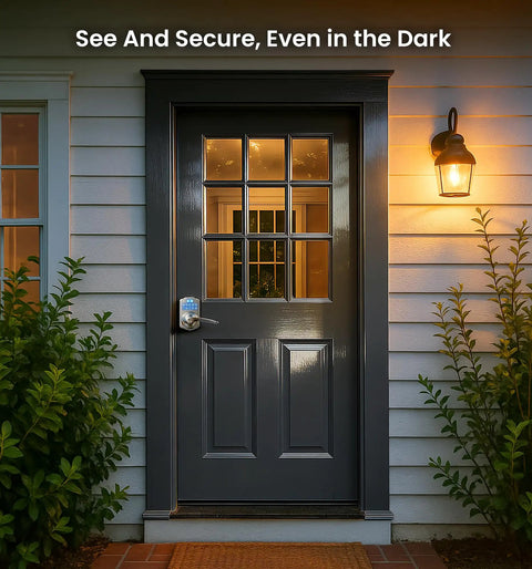 Top Notch Zinc Alloy Keypad Door Lock With Satin Nickel Finish on a stylish dark door, enhancing security and visibility.