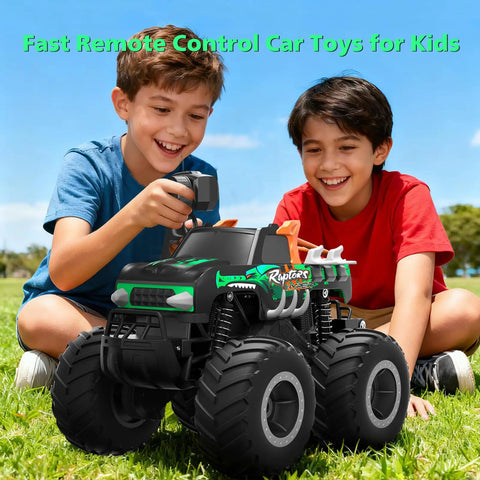 Remote Control Monster Truck Toy One To Sixteen Scale Waterproof All Terrain RC Car Fast Vehicle with kids playing outdoors