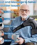 Senior man using Cordless Shoulder Heating Pad With Massage On The Go, highlighting shoulder pain relief benefits.