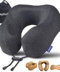 Travel Neck Pillow With Chin Support For Airplane Flights Memory Foam Headrest Sleep Upgraded Comfort Portable Black Neck Pillow For Planes And Road Trips Relieves Neck Pain On The Go Cushy And Supportive; memory foam pillow, storage bag, and shape illustrations.