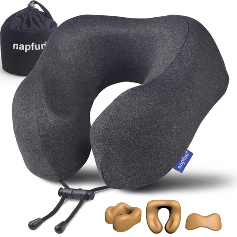 Travel Neck Pillow With Chin Support For Airplane Flights Memory Foam Headrest Sleep Upgraded Comfort Portable Black Neck Pillow For Planes And Road Trips Relieves Neck Pain On The Go Cushy And Supportive; memory foam pillow, storage bag, and shape illustrations.
