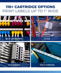 M410 Handheld Portable Label Printer Kit demonstrating cartridge options with self-laminating, flags, heat shrink, and multi-purpose uses.
