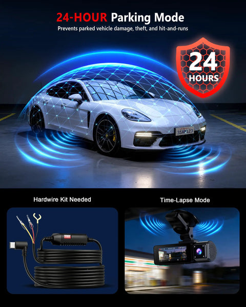 Car protected by Triple Channel Dash Cam For Cars With 4K Front, 2K Interior And 2K Rear Footage, 128GB Card Included, 24H Parking Monitor