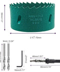Front view of Qjaiune 70mm hole saw with arbor; green bi-metal cutter with teeth, includes two drill bits and hex key.