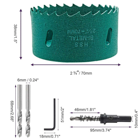 Front view of Qjaiune 70mm hole saw with arbor; green bi-metal cutter with teeth, includes two drill bits and hex key.