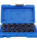 13 Piece Impact Bolt And Nut Remover Kit With Nut Extractor Sockets displayed in blue case, heavy duty bolt remover tool set.