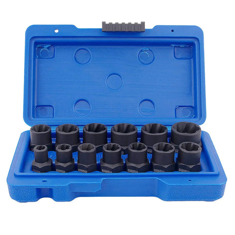 13 Piece Impact Bolt And Nut Remover Kit With Nut Extractor Sockets displayed in blue case, heavy duty bolt remover tool set.