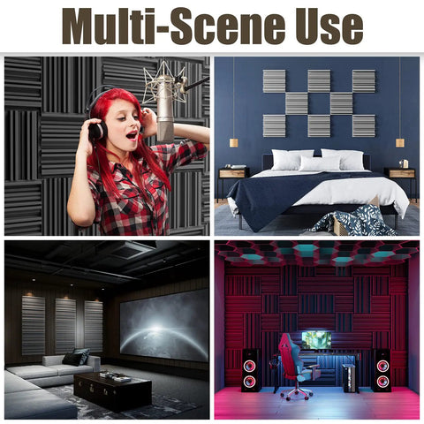 48 Pack High Density Self Adhesive Sound Proof Foam Panels 12 By 12 By 2 Inches in home studio, bedroom, media room, and gaming space.