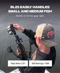 Person using Spincast Bowfishing Reel For Slingshot Bow Fishing Stainless Steel Construction with 3.3:1 gear ratio on a boat.