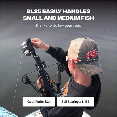 Person using Spincast Bowfishing Reel For Slingshot Bow Fishing Stainless Steel Construction with 3.3:1 gear ratio on a boat.