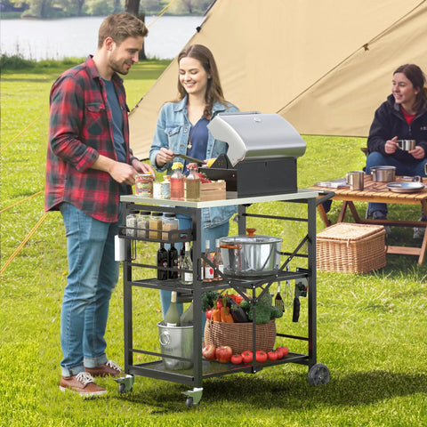 Sturdy Folding Outdoor Grill Cart With Locking Wheels Ready To Roll 27 By 18 Inch Stainless Steel Top 3 Shelf Rolling BBQ Stand