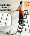 Five Step Folding Ladder With Handy Tool Tray And Safe Handrails For Home DIY Projects Portable Compact Step Stool With Locking Safety Anti Slip Feet For Easy Reach, painting wall