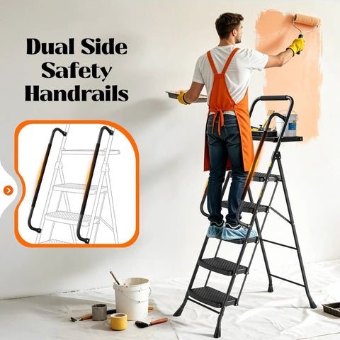 Five Step Folding Ladder With Handy Tool Tray And Safe Handrails For Home DIY Projects Portable Compact Step Stool With Locking Safety Anti Slip Feet For Easy Reach, painting wall