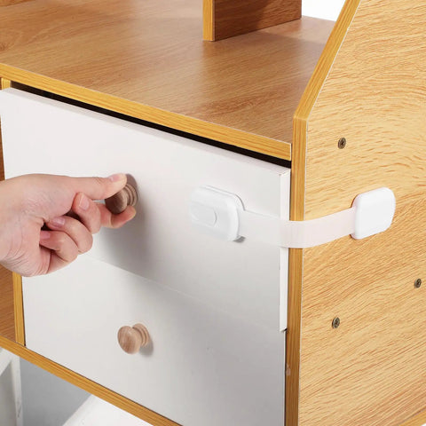 12 Pcs White ABS Cabinet Locks For Kidproofing Drawers And Appliances With Easy Install And Reliable Security Plus Adjustable Furniture Straps For Home Safety on wooden cabinet