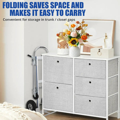 2 In 1 Convertible Hand Truck With 1000 Lbs Capacity, Heavy Duty Platform Cart Dolly For Home And Warehouse Moving, Non Slip Handle And Wheels, Foldable Design, Durable Steel Frame, Easy Switch Between Two Wheel And Four Wheel Modes, folded beside storage cabinet