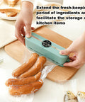 Three In One Handy Handheld Vacuum Sealer For Bags And Jars With Food Grade Seal, sealing sausages on a wooden board.