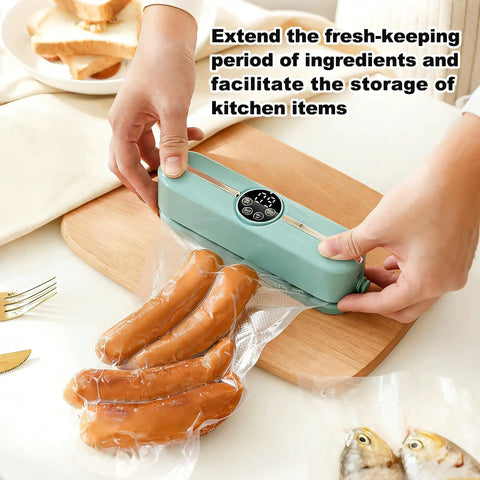 Three In One Handy Handheld Vacuum Sealer For Bags And Jars With Food Grade Seal, sealing sausages on a wooden board.