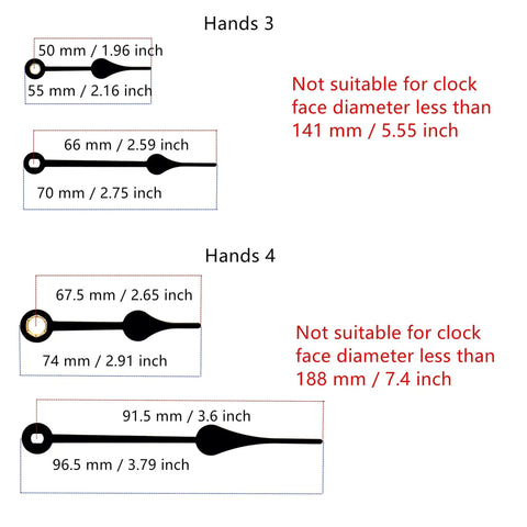 Long Shaft Quartz Wall Clock Movement With Metal Hook For DIY Repair Replacement Battery Operated Mechanism Fits 10mm To 450mm Hands 18mm Shaft 5mm Thread Great For Custom Clocks - diagram showing hand sizes and compatibility with clock face diameters